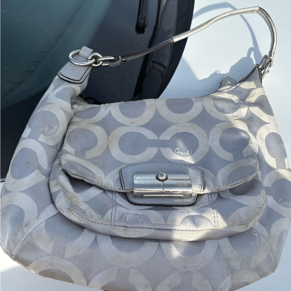 Coach Gray Signature Shoulder Bag with Metallic Accents